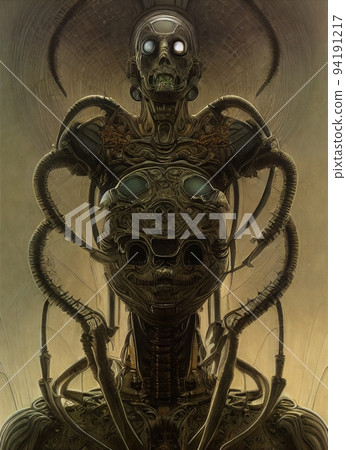 Spooky monster cyborg with tentacles. Halloween AI generated illustration 94191217