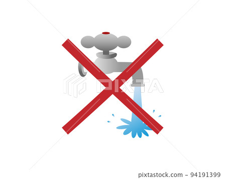 Water saving illustration of a red cross mark with water coming out of the faucet 94191399