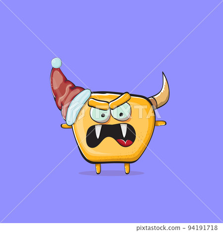 Vector cartoon funky orange monster with Santa Claus red hat isolated on violet background. Funny and cute Childrens Merry Christmas greeting card with funny monster elf Santa Claus character. 94191718