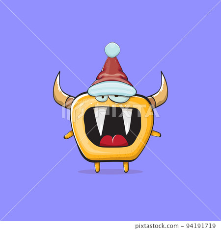 Vector cartoon funky orange monster with Santa Claus red hat isolated on violet background. Funny and cute Childrens Merry Christmas greeting card with funny monster elf Santa Claus character. 94191719