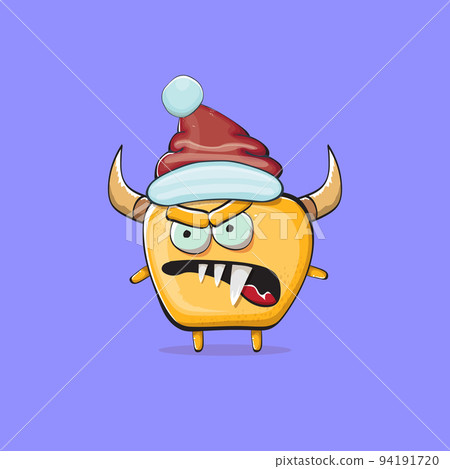 Vector cartoon funky orange monster with Santa Claus red hat isolated on violet background. Funny and cute Childrens Merry Christmas greeting card with funny monster elf Santa Claus character. 94191720