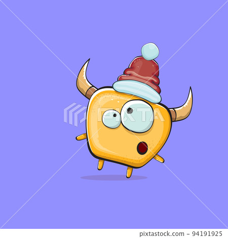 Vector cartoon funky orange monster with Santa Claus red hat isolated on violet background. Funny and cute Childrens Merry Christmas greeting card with funny monster elf Santa Claus character. 94191925