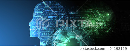Artificial intelligence (AI) and big data concept. Machine cyber mind. Humen face with binary data flow. Technology vector background. Artificial intelligence (AI) and big data concept. Machine cyber mind. Humen face with binary data flow. Technology vector background. 94192139