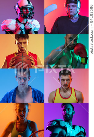 Collage. Close-up portraits of young sportive man, different sport athletes posing over multicolored background in neon light 94192596