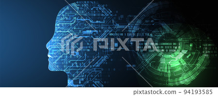 Artificial intelligence (AI) and big data concept. Machine cyber mind.  Humen face with binary data flow. Technology vector background. 94193585