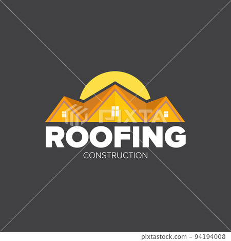 Roofing construction logo design template with roof top and slogan siolated on grey background. Vector Real estate logo or label with stylized roof 94194008