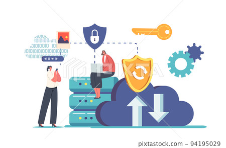 Cloud Data Safety, Information Protection In Internet Concept. Tiny Characters Work On Laptop And Use Mobile Phone Cloud Data Safety, Information Protection In Internet Concept. Tiny Characters Work On Laptop And Use Mobile Phone 94195029