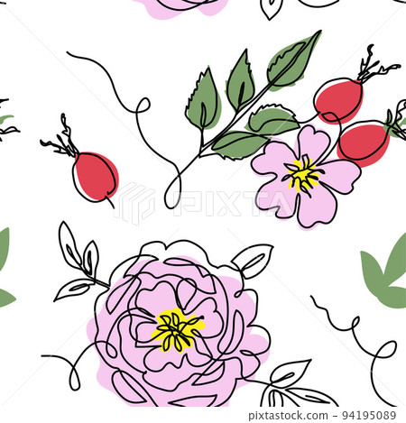 Rosehip, dog rose, briar, rosa canina, wild rose vector seamless pattern. One continuous line art drawing of flowers and berries, rosehip pattern 94195089