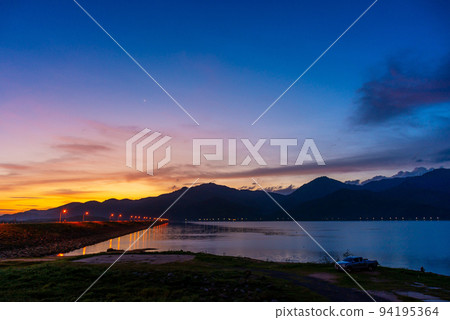 View of landscape nature and river and mountain in evening light, View of landscape nature and river and mountain in evening light, 94195364