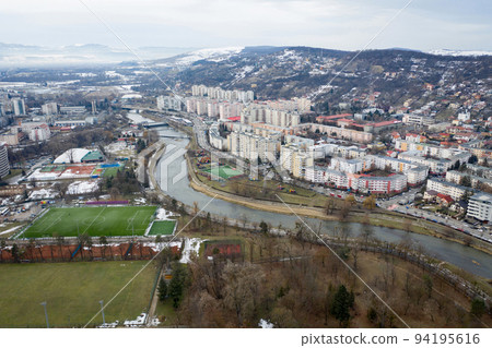 Aerial above view of river crossing the city Aerial above view of river crossing the city 94195616