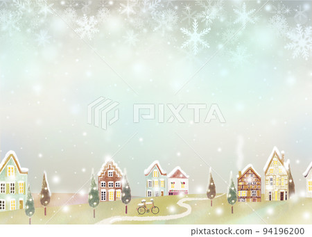 Scandinavian style with gentle colors A beautiful winter cityscape and a silver world frame illustration wallpaper material with glittering snowflakes 94196200