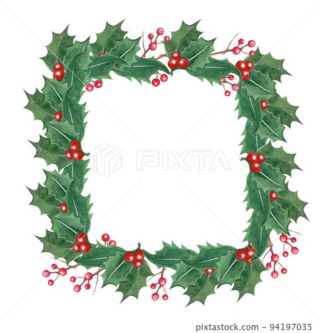 A square frame for Christmas of holly twigs with berries hand-painted in watercolor on a white background. Suitable for printing postcards, invitations, on fabric, scrapbooking A square frame for Christmas of holly twigs with berries hand-painted in watercolor on a white background. Suitable for printing postcards, invitations, on fabric, scrapbooking 94197035