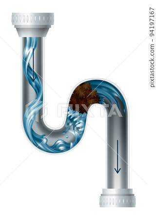 Clogged pipe drain and cleanser bottle. Canalization tube with water splash. Plumbing clog repair. Drain pipe clogged with mud 94197167
