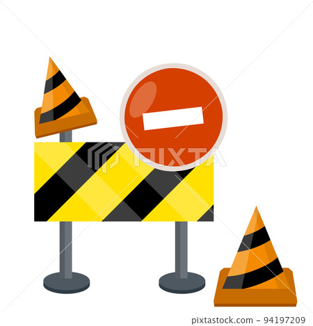 Road works. Forbidding sign and barrier. Road works. Forbidding sign and barrier. 94197209