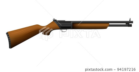 Pump shotgun. Rifle with wooden stock shooting shotgun shells Pump shotgun. Rifle with wooden stock shooting shotgun shells 94197216
