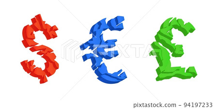 Broken colored currency symbols. Volume 3d cracked signs of red dollar and blue euro collapse green pound Broken colored currency symbols. Volume 3d cracked signs of red dollar and blue euro collapse green pound 94197233