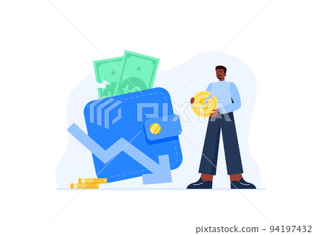 Financial concept. Personal budget, relationship with money, economic problems. A man loses money from investment mistake, tax or expense. Vector flat illustrations isolated on the white background. 94197432