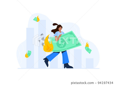 Financial concept. Personal budget, relationship with money, economic problems. A woman loses money and savings due inflation. Vector flat illustrations isolated on the white background. 94197434