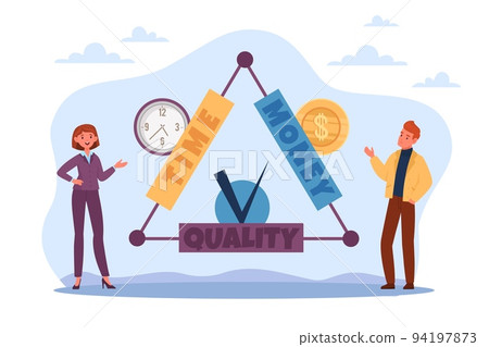 Interrelated commercial properties, relationship of service or product. Time money and quality. Business management process to be successful. Project success factors vector cartoon flat concept Interrelated commercial properties, relationship of service or product. Time money and quality. Business management process to be successful. Project success factors vector cartoon flat concept 94197873