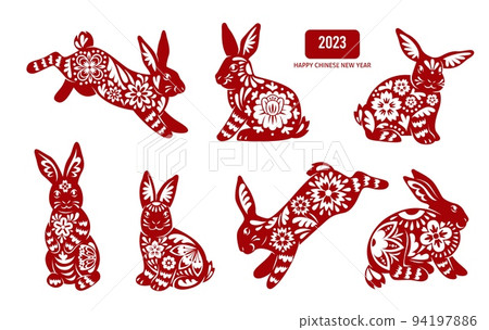 Chinese Lunar New Year rabbit isolated icons with vector animals