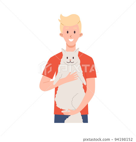 Happy blonde young man in red t-shirt holding smiling fluffy cat flat style Happy blonde young man in red t-shirt holding smiling fluffy cat flat style 94198152
