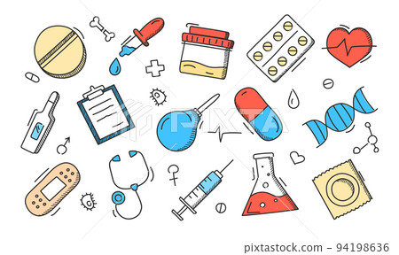 Medicine set vector isolated. Collection of doodle icons 94198636