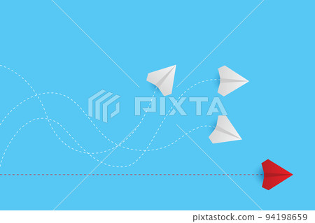 Creative paper planes on blue background. Think differently concept. Red airplane changing direction. New idea, change, trend, courage, creative solution, innovation and unique concept. 94198659