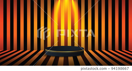 Black podium with gold border in Halloween stripe room. Black podium with gold border in Halloween stripe room. 94198667