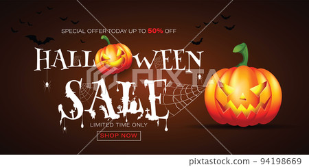 Halloween 50% off. Sale Promotion Poster or banner with Halloween Pumpkin. Vector illustration eps 10 Halloween 50% off. Sale Promotion Poster or banner with Halloween Pumpkin. Vector illustration eps 10 94198669