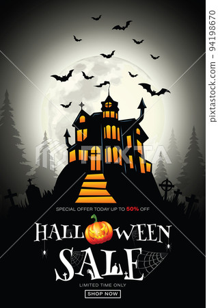 Halloween 50% off Sale Promotion Poster or banner with Halloween Pumpkin and haunted castle, bats,grave. on white background. Vector illustration Halloween 50% off Sale Promotion Poster or banner with Halloween Pumpkin and haunted castle, bats,grave. on white background. Vector illustration 94198670