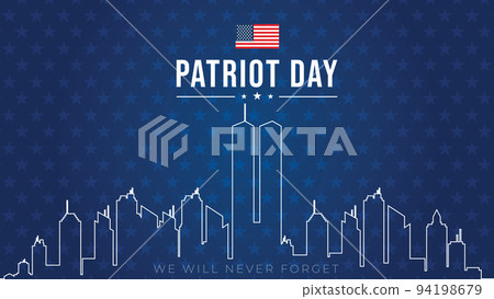 Twin Towers in New York City Skyline. September 11, 2001 vector poster. Patriot Day, September 11, We will never forget, Background with New York City Silhouette. Twin Towers in New York City Skyline. September 11, 2001 vector poster. Patriot Day, September 11, We will never forget, Background with New York City Silhouette. 94198679