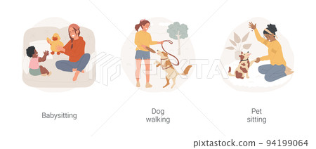 Summer job isolated cartoon vector illustration set. Teenager first job, teen girl play with child, babysitting, dog walking, pet sitting, training a dog, part-time work vector cartoon. 94199064