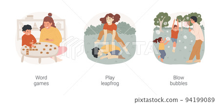 Having fun with kids isolated cartoon vector illustration set. Parent and kid making words with letters, kids play leapfrog, adult blow bubbles, children catch, family leisure time vector cartoon. Having fun with kids isolated cartoon vector illustration set. Parent and kid making words with letters, kids play leapfrog, adult blow bubbles, children catch, family leisure time vector cartoon. 94199089