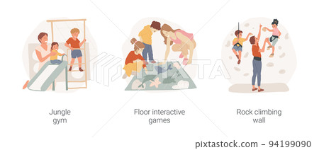 Kids indoor entertainment isolated cartoon vector illustration set. Indoor jungle gym for toddler, ninja home playground, floor projection interactive game, rock climbing wall vector cartoon. 94199090