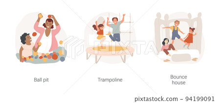 Indoor playground isolated cartoon vector illustration set. Child sliding in ball pit, small trampoline in room, playground equipment, kids jumping in inflated house, bounce castle vector cartoon. 94199091