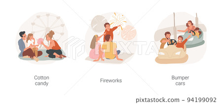 Amusement park visit isolated cartoon vector illustration set. Family eating cotton candy together, parents and kids watching fireworks, light show, bumper car ride, have fun vector cartoon. Amusement park visit isolated cartoon vector illustration set. Family eating cotton candy together, parents and kids watching fireworks, light show, bumper car ride, have fun vector cartoon. 94199092