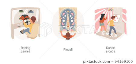 Arcades isolated cartoon vector illustration set. Racing games, chair with a steering wheel, arcade club, child play pinball arcade, bouncing ball, family have fun at dance machine vector cartoon. 94199100