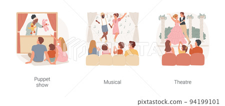 Family outing with kids isolated cartoon vector illustration set. Family in puppet theatre, musical show for children, performance, kids applauding, watch theater play together, vector cartoon. 94199101