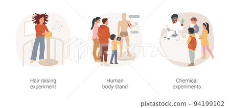 Science museum visit isolated cartoon vector illustration set. Family visit science museum, hair raising experiment, human body stand, chemical lab show, museum exposition for kids vector cartoon. 94199102