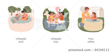 Backyard swimming pool isolated cartoon vector illustration set. Child playing in inflatable pool on backyard, colorful toys, kid swimming in life jacket, family water safety vector cartoon. Backyard swimming pool isolated cartoon vector illustration set. Child playing in inflatable pool on backyard, colorful toys, kid swimming in life jacket, family water safety vector cartoon. 94199111