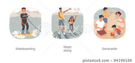 Beach activities isolated cartoon vector illustration set. Wakeboarding school, extreme watersport, water skiing together, seaside resort activity, family building sandcastle vector cartoon. 94199189