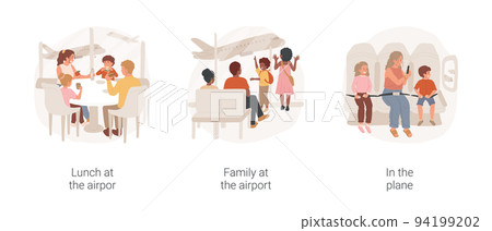 Family at the airport isolated cartoon vector illustration set. Lunch in the airport, family members sit in cafe in departure zone, child watching airplane, look in the plane window vector cartoon. 94199202