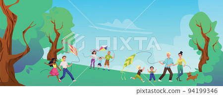 Happy families launch kites flat style, vector illustration Happy families launch kites flat style, vector illustration 94199346