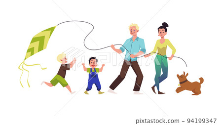 Happy family with kids and dog playing with kite flat style 94199347