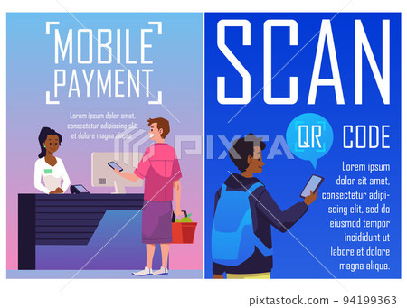 People paying by the phone and scanning QR code, poster template flat vector illustration. 94199363