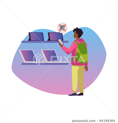 Young man in computer shop scanning QR code with information, flat vector illustration isolated on white background. Young man in computer shop scanning QR code with information, flat vector illustration isolated on white background. 94199364