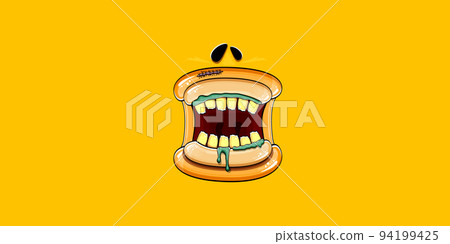 Vector cartoon funny silly zombie monster mouth with rotten teeth isolated on orange horizontal banner background. Vector happy Halloween kids t-shirt design template with funky monster mouth 94199425