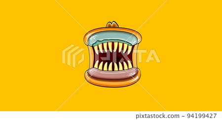 Vector cartoon funny silly zombie monster mouth with rotten teeth isolated on orange horizontal banner background. Vector happy Halloween kids t-shirt design template with funky monster mouth 94199427