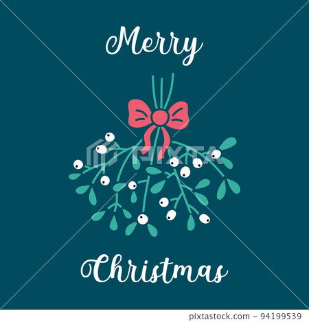 Merry Christmas greeting card. Mistletoe twigs with bow and text. Vector illustration of creative mistletoe leaves and white berries on dark background Merry Christmas greeting card. Mistletoe twigs with bow and text. Vector illustration of creative mistletoe leaves and white berries on dark background 94199539
