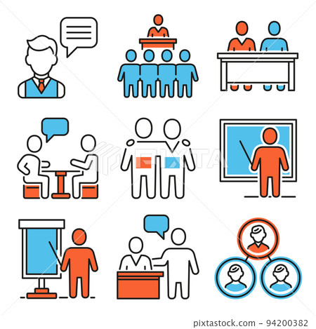 Meeting and Conference Icons Set on White Background. Vector 94200382